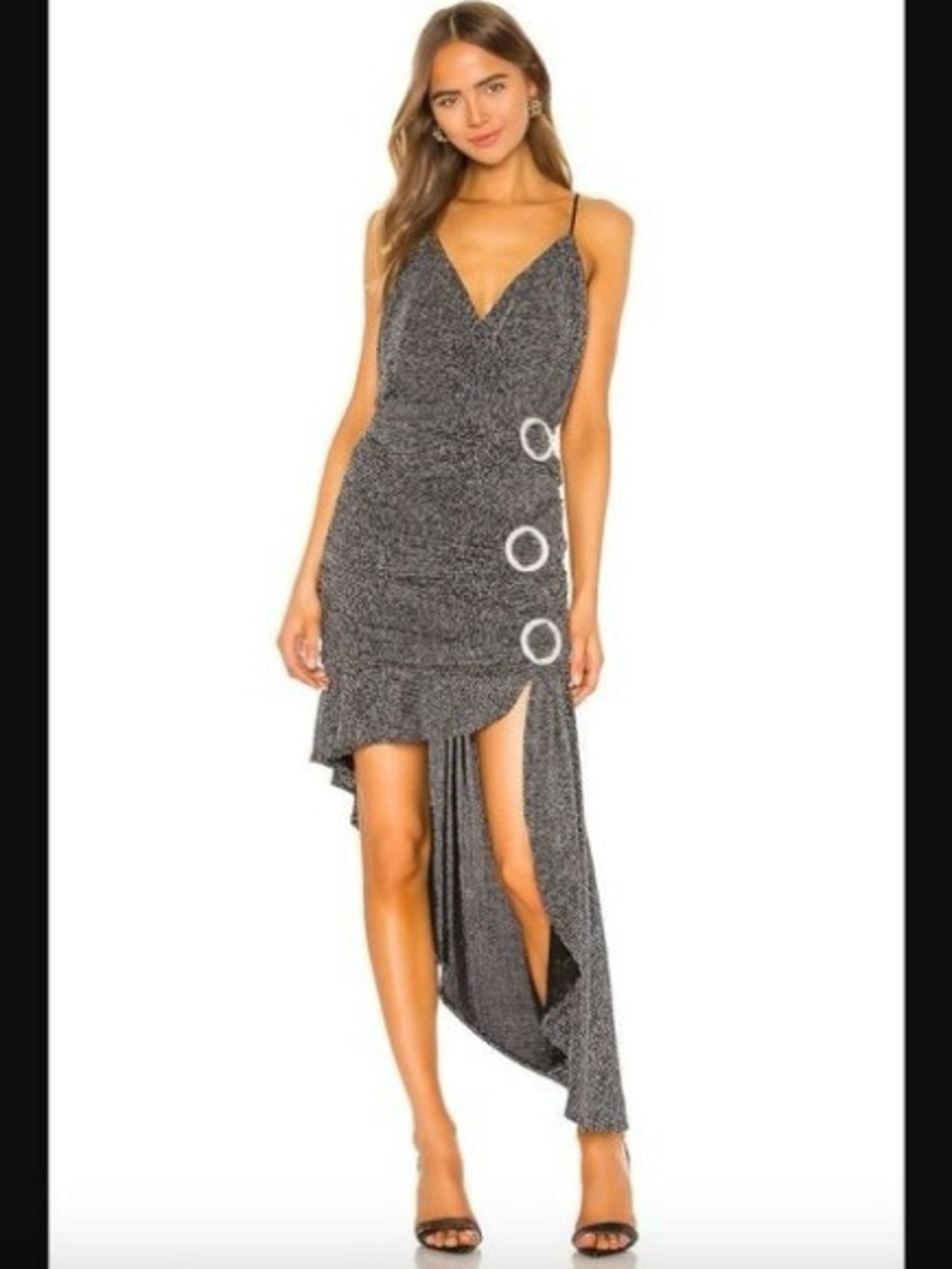 For Love & Lemons Margaux Glitter Dress in Metallic Black Asymmetric - Picture 2 of 11